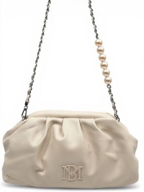 NWT Badgley Mischka Off-White with Pearl Chain Ruched Clutch Crossbody